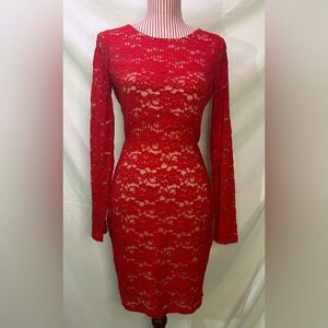 Express Red Lace Backless Bodycon Long Sleeve Mini Dress Cocktail Party Sz Small